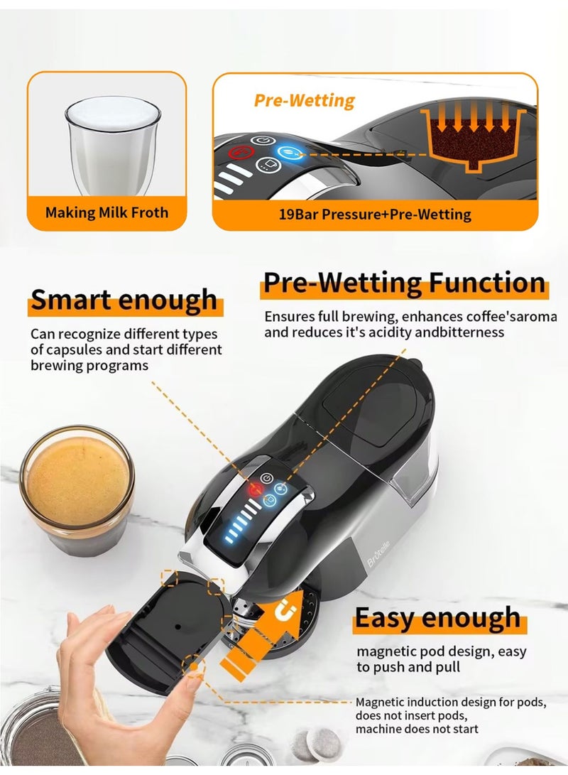 بريتيل 4 في 1 ماكينة قهوة اسبريسو ١٩ بار استخلاص ساخن وبارد خزان كبير شاشة لمس متوافقة مع نسبرسو دولتشي غوستو قهوة مطحونة واكياس ايسي - Image 4